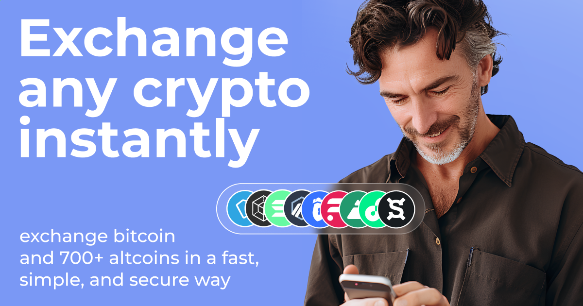 Man looking at phone beside text Exchange any crypto instantly